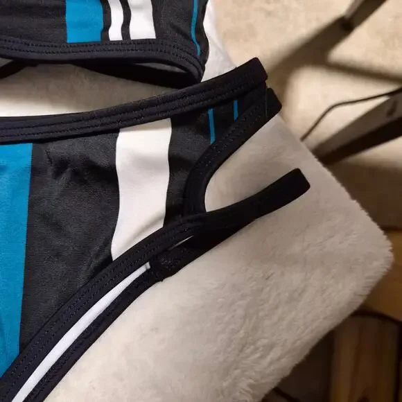 Bikini Bundle (2 Sets) CUPSHE Teal Striped Bikini & Unknown Blue Ruffle - Small - Picture 3 of 10